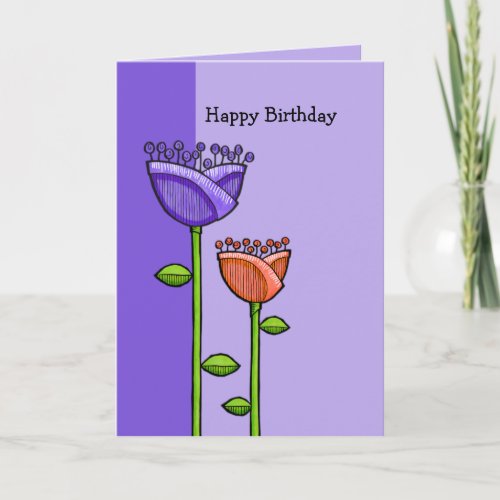 Fun Doodle Flowers purple orange Birthday Card