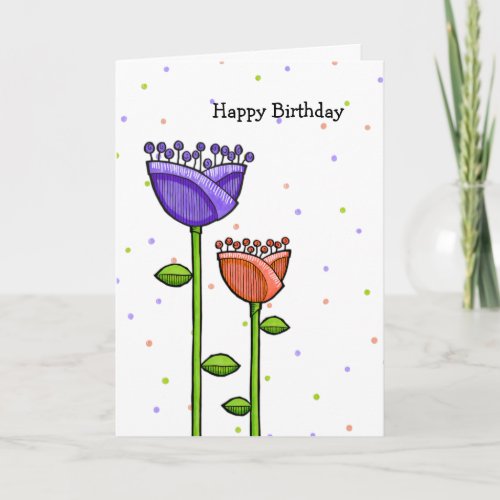 Fun Doodle Flowers purple orange dots Birthday Card