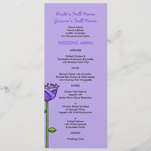 Fun Doodle Flowers purple orange Wedding Menu Personalized Announcement