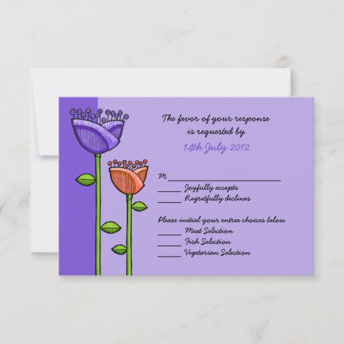 Fun Doodle Flowers purple orange Wedding RSVP Card