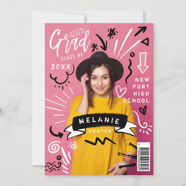 Fun Doodle Sketch Magazine Cover Girl Grad Invitation (Front)