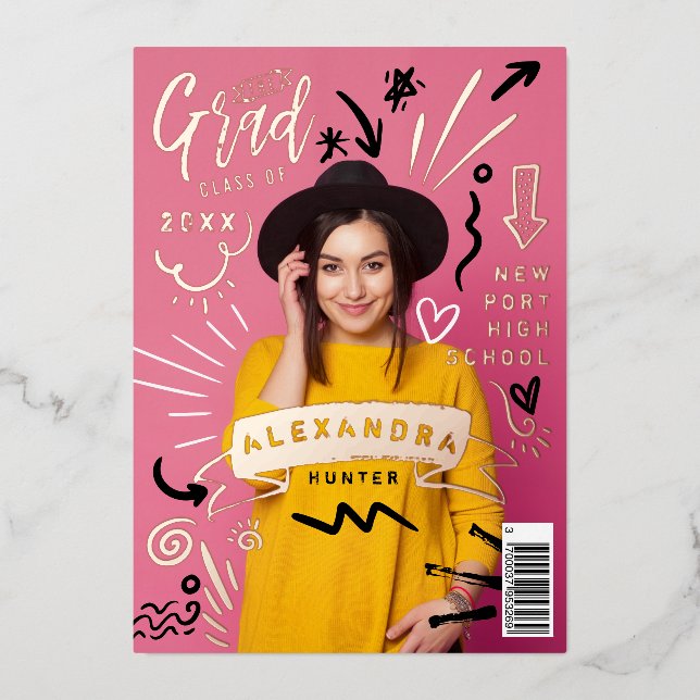 Fun Doodle Sketch Magazine Cover Girl Grad Party Foil Invitation (Front)