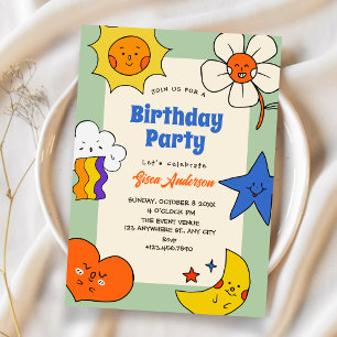 Fun doodles characters birthday invitation