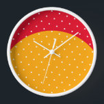 Fun Dotted Yellow Curve Bright Sporty Red Crescent Clock<br><div class="desc">This modern fun design features a top edge bright red crescent shaped curve against remaining golden yellow background below.  The entire design is filled with small tiled polka dots.</div>