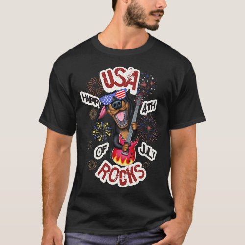 Fun Doxie Dog playing guitar on USA Rocks Happy 4t T_Shirt