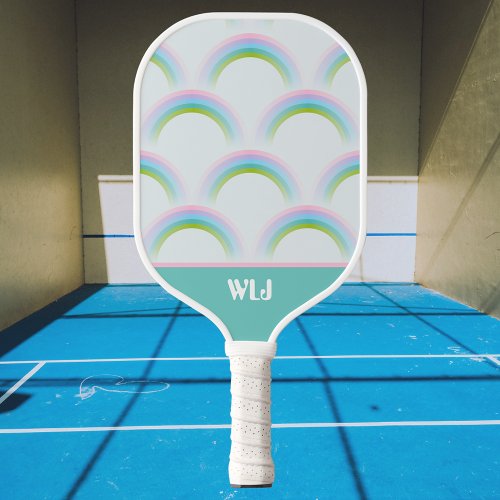 Fun Dreamy Pastel Rainbow With Monogram Initial Pickleball Paddle