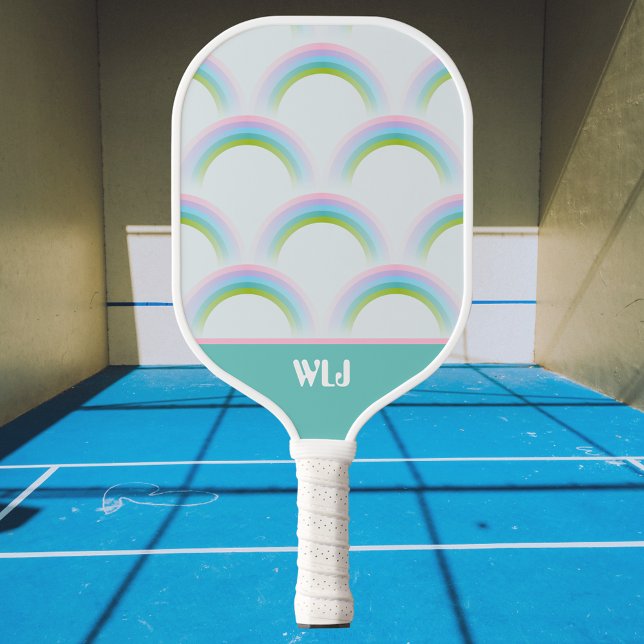 Fun Dreamy Pastel Rainbow With Monogram Initial Pickleball Paddle (Creator Uploaded)