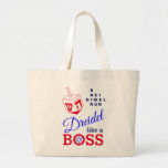 Fun Dreidel Like A Boss Hanukkah Large Tote Bag<br><div class="desc">Fun, stylish DREIDEL LIKE A BOSS Hanukkah Large Tote Bag designed with red dreidel and blue, navy and red typography. In the top right hand corner, you can read the names of the four dreidel sides in a word puzzle format (HEI can be changed to HEY or HAY, if required)....</div>