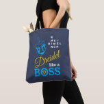 Fun Dreidel Like A Boss Hanukkah Tote Bag<br><div class="desc">Fun, stylish DREIDEL LIKE A BOSS Hanukkah Tote Bag designed with blue dreidel and blue, yellow and white typography. In the top right hand corner, you can read the names of the four dreidel sides in a word puzzle format (HEI can be changed to HEY or HAY, if required). Inside...</div>