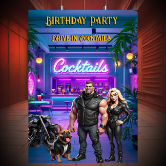 Fun Drive-in Cocktail Bar Birthday Biker Couple Invitation