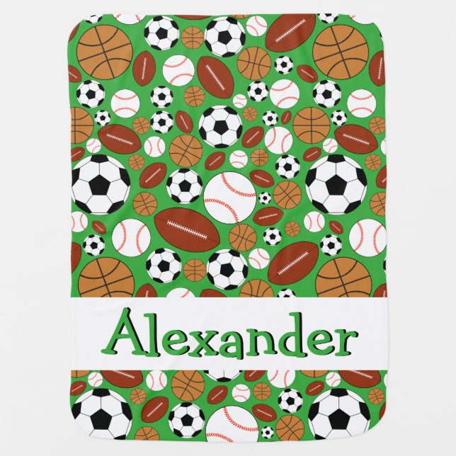Fun Dynamic Sports Balls Personalized Baby Blanket (Front)