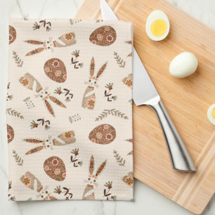 Fun Easter Bunny and Egg Folk Pattern Kitchen Towel