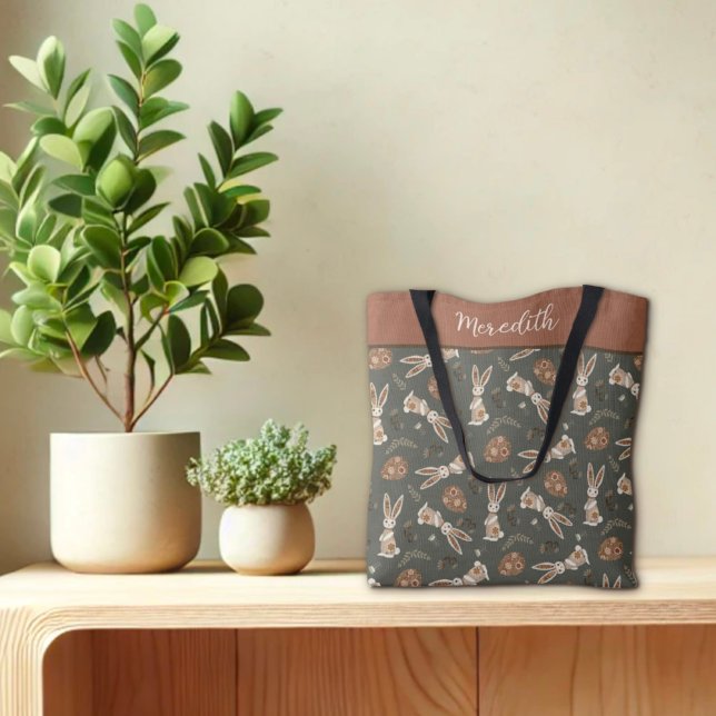 Fun Easter Bunny Egg Folk Pattern Custom Name Tote Bag (Creator Uploaded)