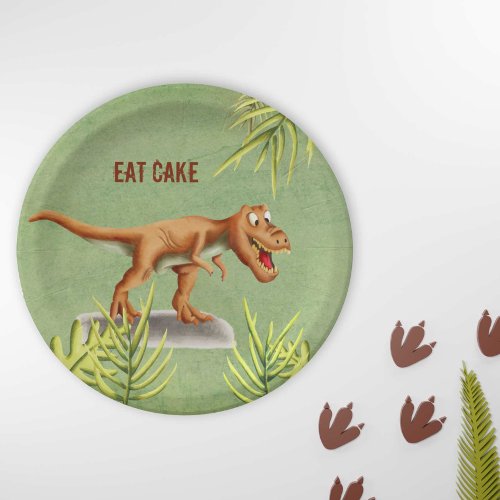 Fun Eat Cake Greenery T_Rex Children Party Paper Plates