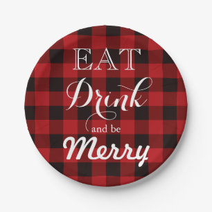 Fun Eat Drink and be Merry red buffalo plaid Paper Plates
