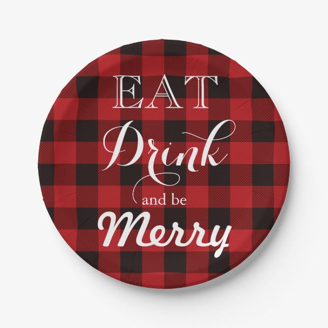 Fun Eat Drink and be Merry  red buffalo plaid Paper Plates (Front)