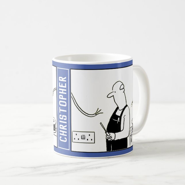 Fun Electrician Cartoon with Name Choice. Coffee Mug (Front Right)