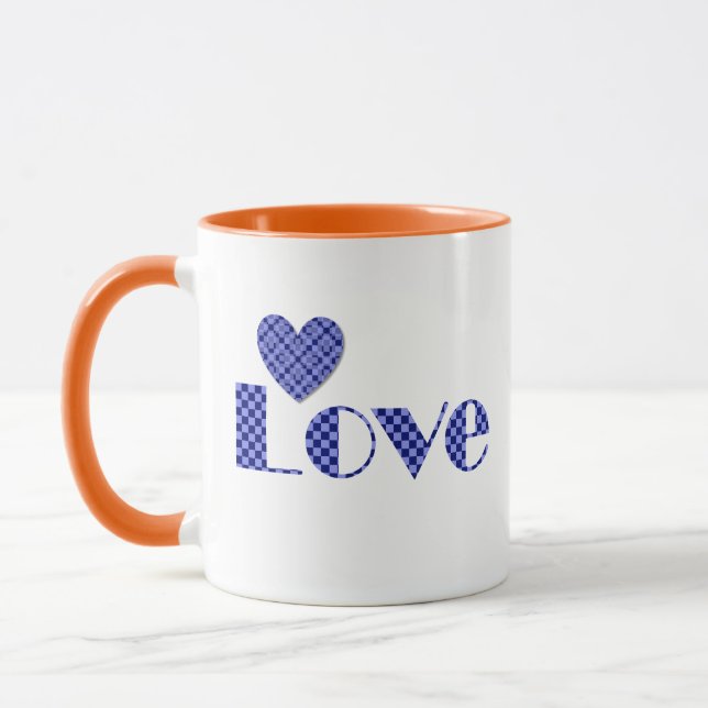 Fun, Elegant Blue Checkered Heart, "LOVE" Pattern Mug (Left)