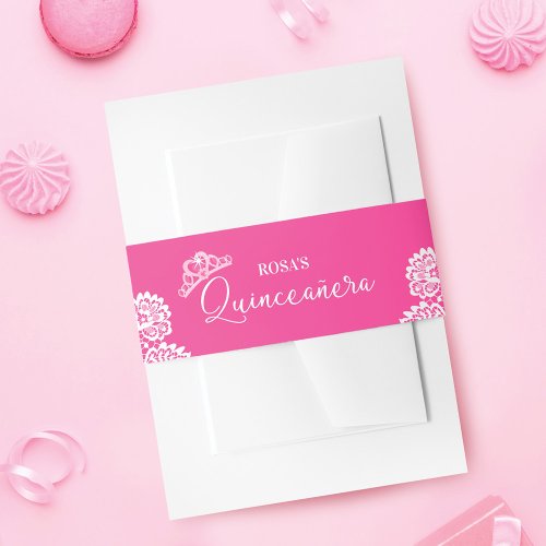 Fun Elegant Girly Pink Crown Quinceanera Princess Invitation Belly Band