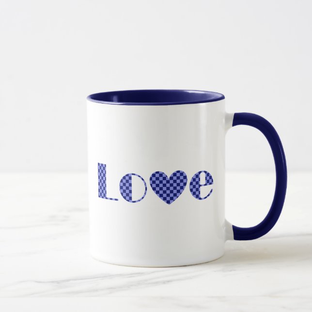 Fun, Elegant LOVE and Heart in Blue Checkered Art Mug (Right)