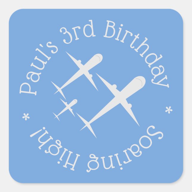 Fun, Elegant Personalized Birthday Airplanes Blue  Square Sticker (Front)
