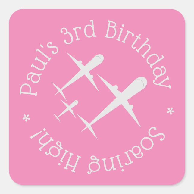 Fun, Elegant Personalized Birthday Airplanes Pink Square Sticker (Front)