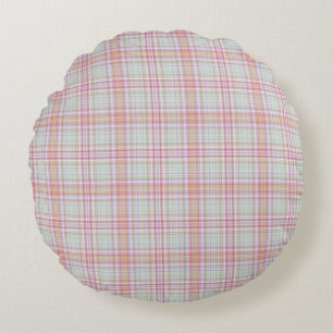 Fun Elegant Pink and Green Modern Plaid Pattern Round Pillow