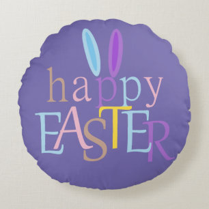 Fun Elegant Spring Colorful Bunny Happy Easter Round Pillow