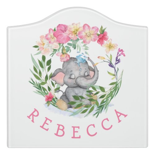 Fun Elephant Foliage Name Pink Baby Girl Nursery Door Sign