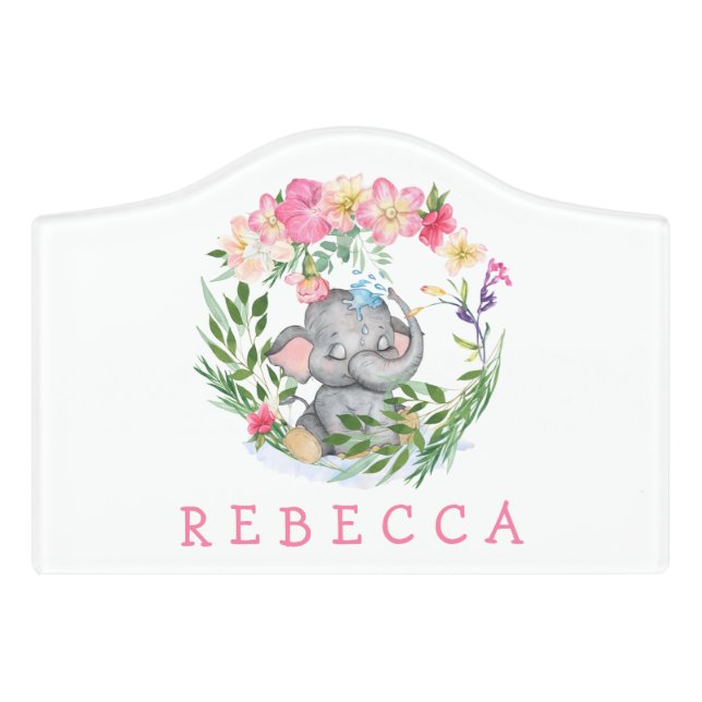 Fun Elephant Greenery Name Pink Baby Girl Nursery Door Sign (Small Crest Front)