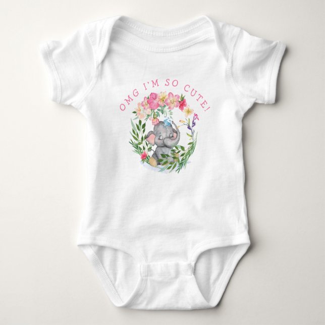 Fun Elephant OMG So Cute Text Flowers Pink Girl Baby Bodysuit (Front)