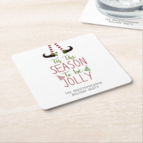 Fun Elf SEASON TO BE JOLLY Personalized Square Paper Coaster