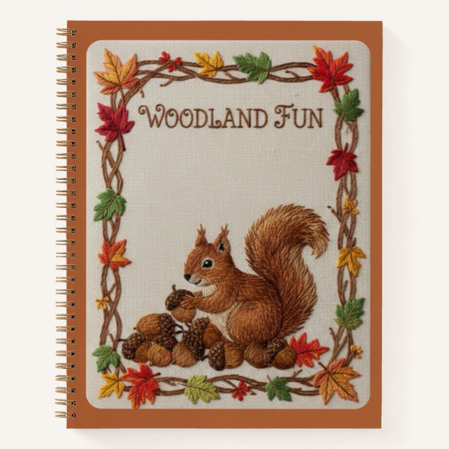 Fun Embroidered Squirrel & Acorns Fall Foliage Notebook (Front)