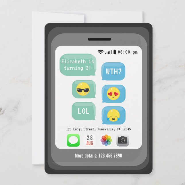 Fun Emoji Text Message Kids Birthday Party Invitation (Front)