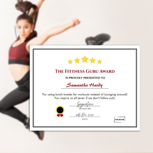 Fun Employee Award Certificate - Fittness Guru (Customizable Award Certificate. Fun Office Workplace award certificate)