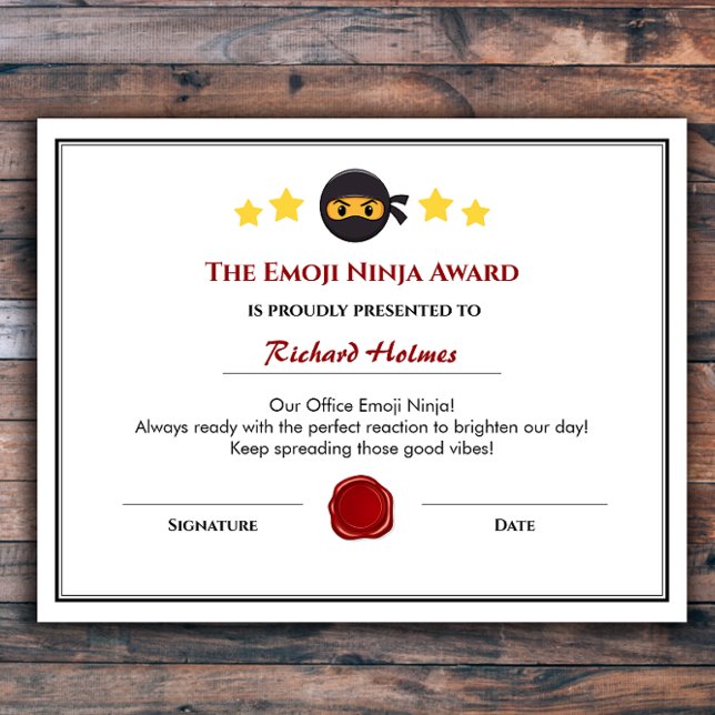 Fun Employee Award Certificate - Social Director (Custom Emoji Ninja Fun Employee Award Certificate)