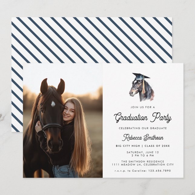 Fun Equestrian Watercolor Horse Photo Graduation Invitation (Front/Back)