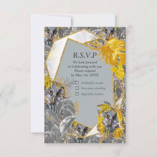 Fun Expressive in Yellow and Grey plant leaves RSVP Card (Front)