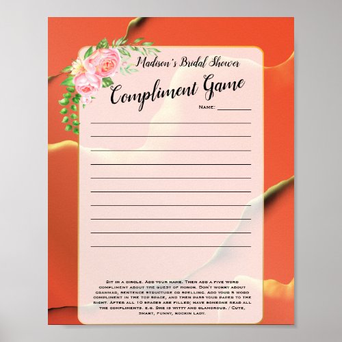 Fun Fab 5 word Compliment Game Bridal Shower  Poster