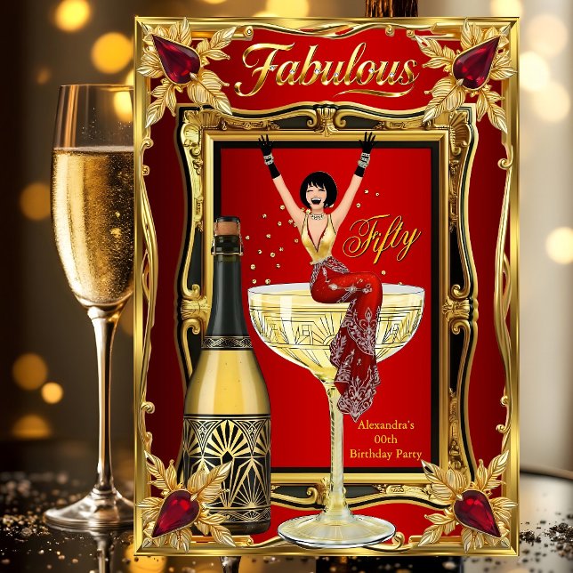 Fun Fabulous Birthday Red Gold Champagne Party Invitation (Creator Uploaded)