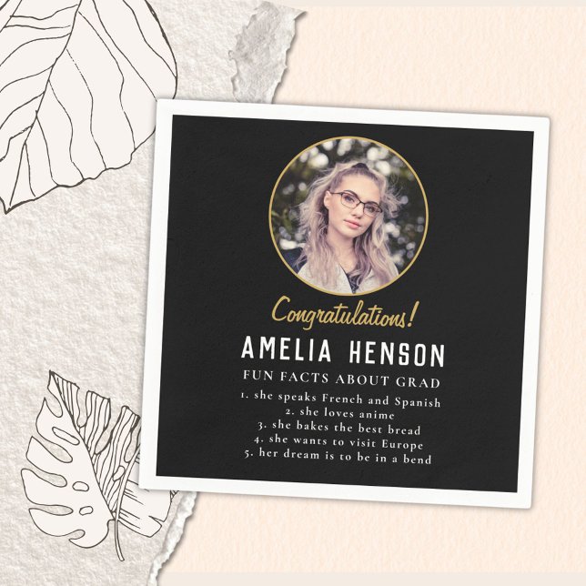 Fun Fact Simple Black Graduate Photo Graduation  Napkins (Creator Uploaded)