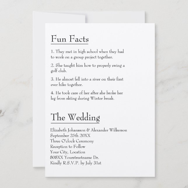 Fun Facts about the Bride and Groom Modern Wedding Invitation (Front)