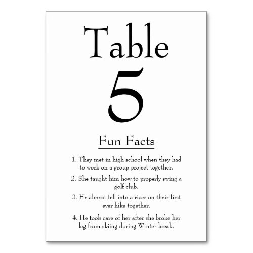 Fun Facts about the Bride and Groom Modern Wedding Table Number