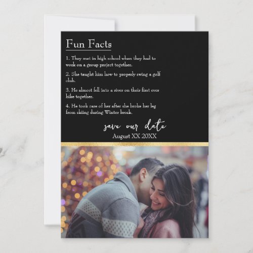 Fun Facts about the Bride  Groom Photo on Black Invitation