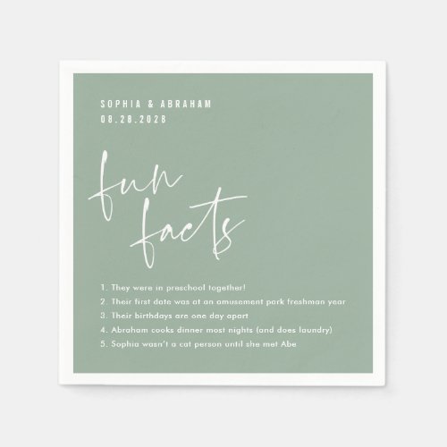 Fun Facts about the couple Sage Green Wedding Napkins