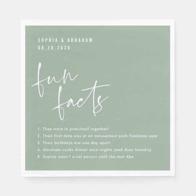 Fun Facts about the couple Sage Green Wedding Napkins (Front)