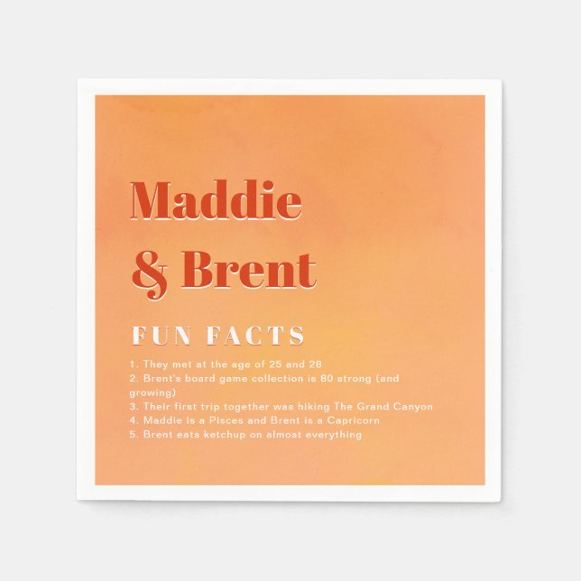 Fun Facts Bold Modern Orange Sunset Joyful Wedding Napkins (Front)