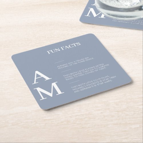 Fun Facts Dusty Blue Monogrammed Wedding Square Paper Coaster
