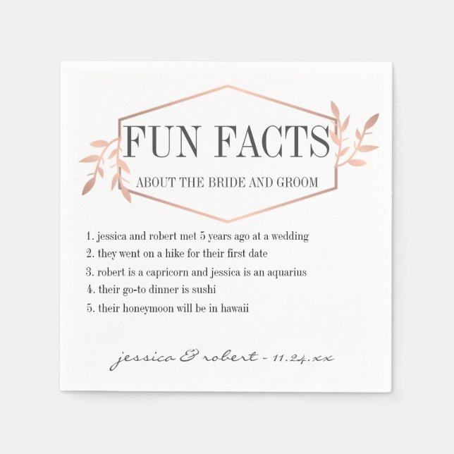 Fun Facts Elegant Rose Gold Personalized Paper Napkins (Front)