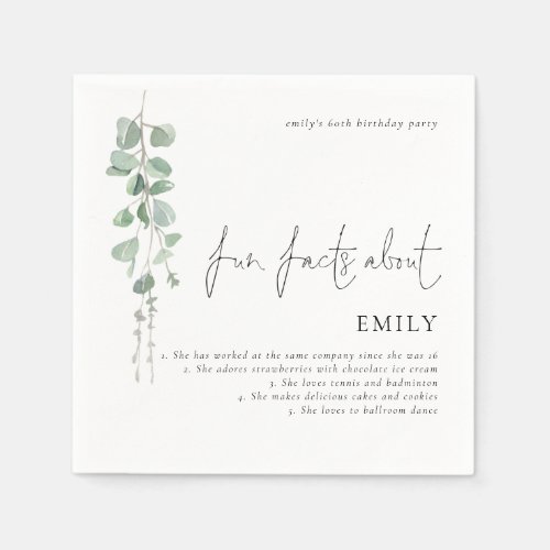 Fun Facts Eucalyptus Script 60th Birthday Party Napkins